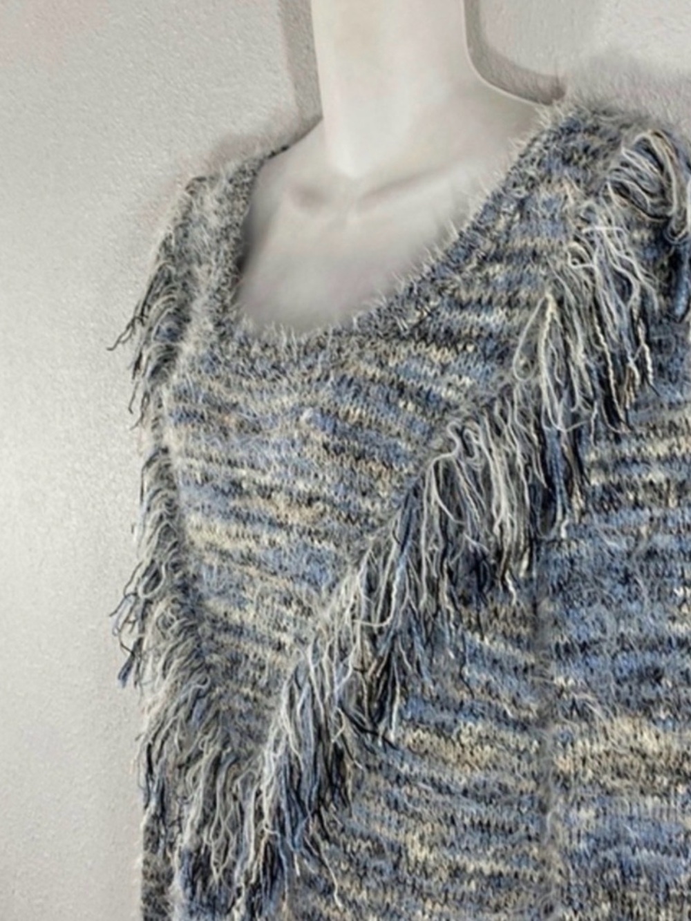 Gianni Bini Space Dye Fringe Eyelash Fuzzy Knit Sweater Dress Tunic L Blue Grey - Picture 7 of 10